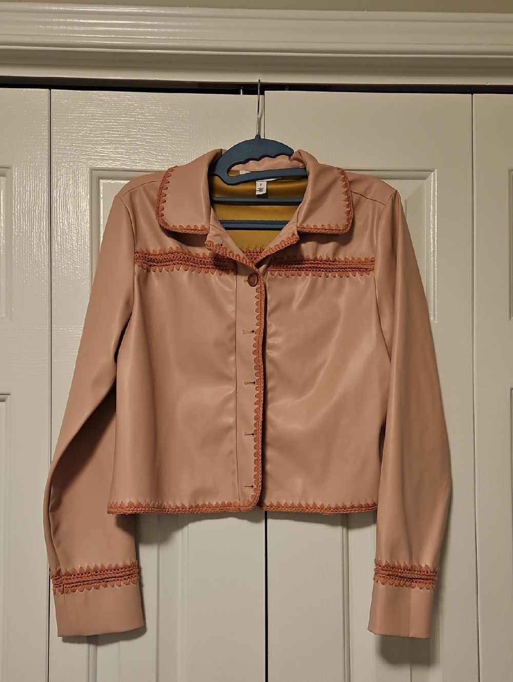 Women's Cropped Blush Pink Faux-Leather Jean Jacket with Trim